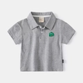 Kids grey short sleeve polo shirt with cute green dinosaur embroidery and knit texture - Gray / 90cm