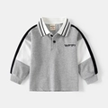 Grey children's long-sleeve polo shirt with white collar and letter embroidery flat lay - 90cm / Gray