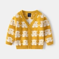 Gilet en maille pour enfant jaune moutarde avec motif ours jacquard et col en V classique - 90cm / Jaune