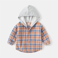 Chemise à capuche à carreaux orange et bleu pour enfant avec boutons en bois sur gris - Carreaux Orange Bleu / 110cm