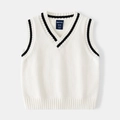 Detail shot of a white V-neck knitted vest featuring navy blue striped ribbing and texture - 100 / White