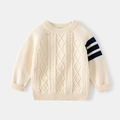 Pull beige en maille torsadée pour enfant avec rayures bleues sur la manche gauche - Blanc Cassé / 90cm
