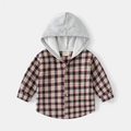 Détail d'une chemise à carreaux rouge et bleu avec capuche en tricot gris et boutons beige - Carreaux Rouge Foncé Abricot / 110cm