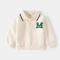 Kids long sleeve polo sweatshirt in cream white with green M embroidery and navy collar - Apricot / 90cm