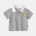 Short-sleeved kids polo shirt featuring black and white stripes and yellow dinosaur - Black & White Stripes / 90cm