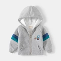 Kids grey fleece hoodie with colorful tractor embroidery and striped sleeves - 90cm / Gray/Blue