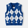 Gilet in maglia a rombi blu e bianchi per bambini con scollo a V e bordo a coste - 90cm / Rombo Blu Bianco