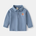 Kids' long-sleeved polo shirt in dusty blue with a cute little bear embroidery on chest - 90cm / Denim Blue