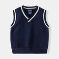 Classic navy blue boys knit vest with V-neckline and white contrast stripe trim - 100 / Navy Blue