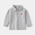 Grey long sleeve kids polo shirt with cute bear embroidery and buttoned collar detail - 90cm / Gray