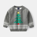 Grey knit kids sweater featuring a green Christmas tree pattern and geometric cuffs - 90cm / Christmas Tree