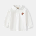 White children's long-sleeve cotton POLO shirt featuring a cute bear embroidery accent - 90cm / White
