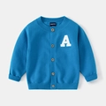 Detail of blue knit cardigan with wooden buttons and white chenille letter A patch - Lake Blue / 90cm