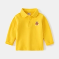 Classic bright yellow long sleeve cotton polo shirt for boys with cute bear embroidery - 90cm / Yellow