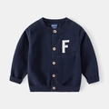 Detail of dark blue knit cardigan with star-engraved wooden buttons and letter F patch - Navy Black / 90cm