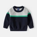 Gebreide kindertrui met kleurvlakken in grijs, groen en marineblauw met boorden - 90cm / Donkergroen Grijs Kleurvlak