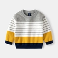 Classic kids' striped knit sweater with grey, yellow, and navy horizontal color-block patterns - 90cm / Gray White Yellow Color Block
