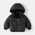 Detail of children's black hooded puffer jacket with silver zipper and ribbed cuffs - Black / 90cm