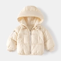 Detailed close-up of ribbed windproof cuffs and arm zipper pocket on kids winter coat - Off White / 90cm