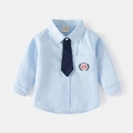 Classic light blue boy's long sleeve formal shirt with dark blue tie and crest embroidery - Sky Blue / 120cm