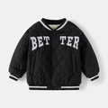 Detail of kids black quilted jacket with white BETTER letter embroidery and fleece lining - 120cm / Black