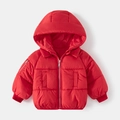 Detail of red padded winter jacket for boys with windproof hood and metallic zipper - Red / 90cm