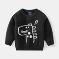 Kids black knit sweater featuring a white cartoon dinosaur graphic with ribbed cuffs - 90cm / White Line Dinosaur