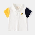 Kids short sleeve polo shirt in white with asymmetric yellow and blue color-block sleeves - 90cm / White Colorblock