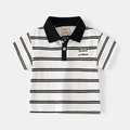 Classic white striped boys polo shirt with green dinosaur embroidery and black collar - 90cm / White Striped