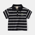 Short-sleeve striped kids polo shirt with dinosaur embroidery and black collar - 90cm / Black Stripe