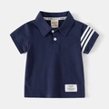 Navy blue boys short sleeve polo shirt with white stripes and sporty woven labels - 90cm / Navy Blue