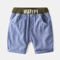 Blue cotton-linen shorts for boys featuring olive green elastic waistband and side pockets - 90cm / Denim Blue