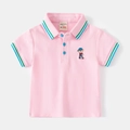Pink boys cotton polo shirt featuring striped collar and cartoon bear embroidery - Pink / 90cm