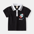 Boys black cotton short sleeve Polo shirt with rocket space print and striped collar - 90cm / Black
