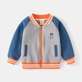 Kinder baseballjack in kleurblok-stijl met berenborduursel en oranje ritssluiting - 90cm / Grijs en Blauw