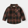Toddler boy brown plaid flannel shirt with warm lining and front pocket for winter - 90cm / Deep Brown Plaid
