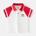 Katoenen kinderpoloshirt met groene dinosaurusborduring en rode contrastrerende mouwen - 90cm / Rood