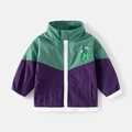 Kinderwindjack in kleurblok-stijl met cartoonbeer en opvallende witte ritssluiting - 90cm / Groen/Paars