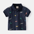 Polo blu scuro per bambini con stampa colorata di dinosauri per l'estate fresca - 90 / Blu navy