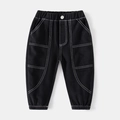Boys black cargo pants with white contrast stitching and elastic waist for spring - 90cm / Black