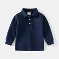 Classic navy blue long-sleeve cotton polo shirt for boys with French bulldog embroidery - 90 / Navy Blue
