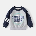 Grijs en marineblauw jongenssweatshirt met Save Our Earth print en gestreepte mouwen - 90cm / Grijs/Marine
