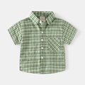 Classic green and white plaid kids short sleeve cotton shirt with chest pocket - Green Gingham