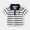 Polo a righe per bambini in cotone con colletto blu scuro e ricamo a forma di orso - 90 / A Righe Bianche