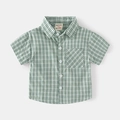 Camicia a maniche corte a quadretti verdi e bianchi per bambini in cotone con taschino - Quadretti Verde Smeraldo / 90cm
