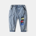 Jeans alla moda per bambini blu lavato con elastico in vita e stampa a lettere colorate - 100cm / Blu Lavato
