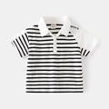 Polo classica a righe bianche e nere per bambini in cotone a maniche corte e bottoni - Patchwork a Righe Bianche / 100cm