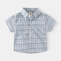 Classic blue and white plaid short-sleeved cotton shirt for boys with a chest pocket - Sky Blue Plaid