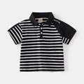 Polo da bambino a maniche corte con strisce bianche e nere e colletto a contrasto - Patchwork a Righe Nere / 90cm