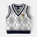 Classic V-neck kids knit vest with grey argyle pattern and embroidered lion detail - 90cm / Gray White Argyle